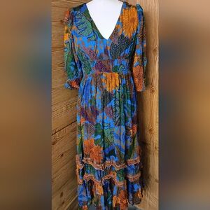 Blue and Orange Puff Sleeve Maxi Sundress